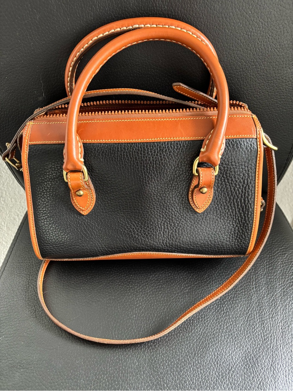 Dooney & Bourke Black with Brown Trim Pebbled Leather Satchel - Picture 4 of 13